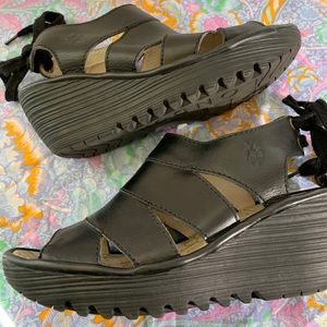 Fly London black leather wedges